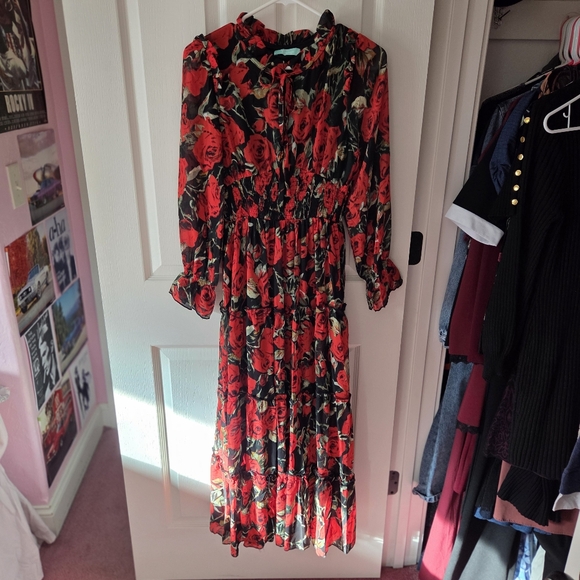 SHEIN Red and Black Floral Long Sleeve Dress - Picture 3 of 7